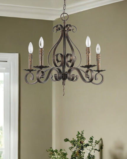 Brown Candle Style Five Light Metal Dimmable Chandelier