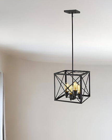 Brooklyn 4-Light Matte Black Pendant With Metal Framework Shade