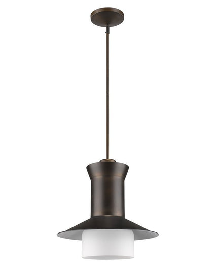 Greta 1-Light Oil-Rubbed Bronze Pendant With Gloss White Interior And Etched Glass Shade