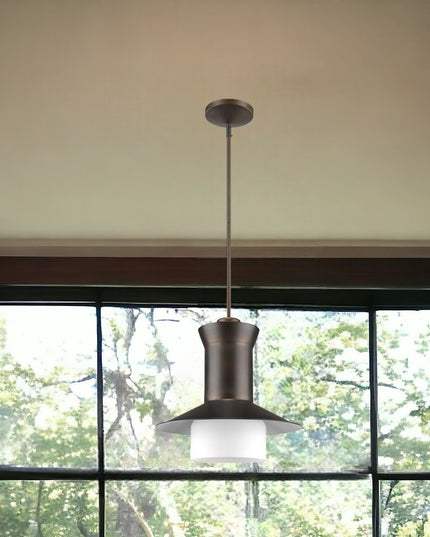 Greta 1-Light Oil-Rubbed Bronze Pendant With Gloss White Interior And Etched Glass Shade