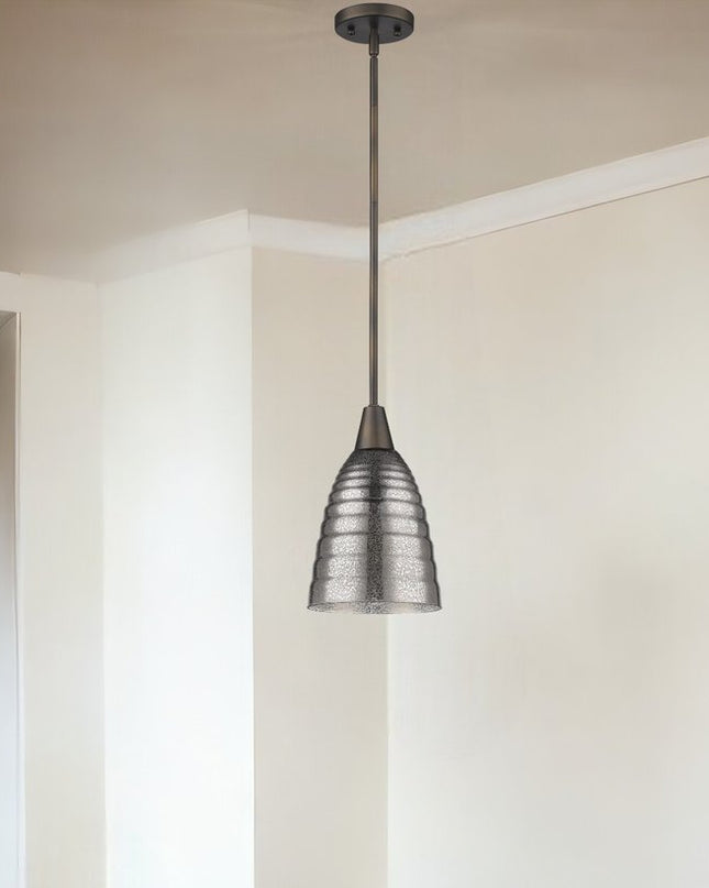 Bronze Hanging Light with Ribbed Pebbled Glass Shade