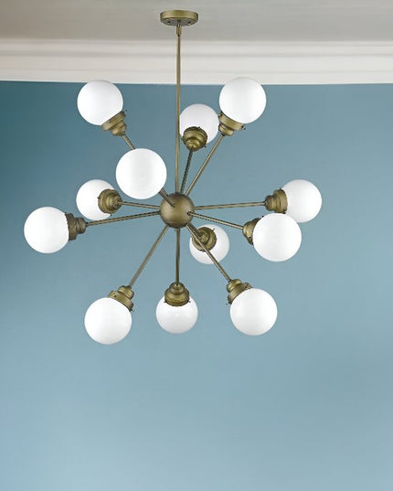 Bronze Sputnik Twelve Light Frosted Metal Dimmable Chandelier With Off White Shades