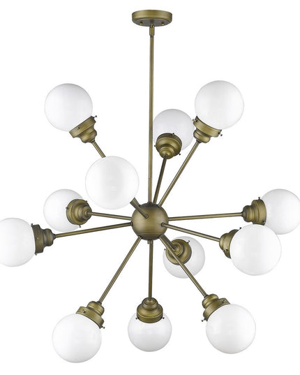 Bronze Sputnik Twelve Light Frosted Metal Dimmable Chandelier With Off White Shades
