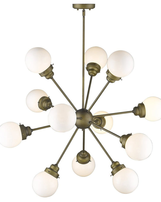 Bronze Sputnik Twelve Light Frosted Metal Dimmable Chandelier With Off White Shades