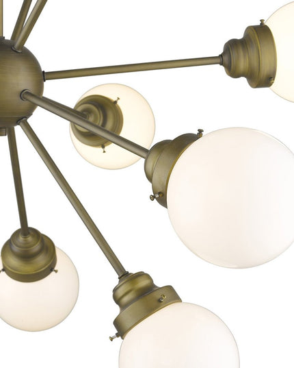 Bronze Sputnik Twelve Light Frosted Metal Dimmable Chandelier With Off White Shades