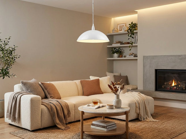 White Metal Hanging Light with Dome Shade