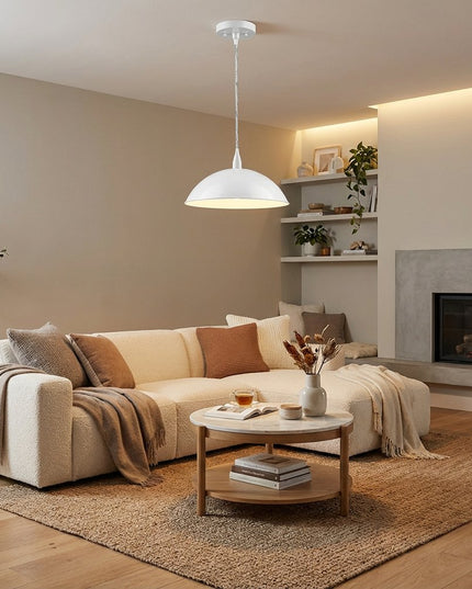 White Metal Hanging Light with Dome Shade