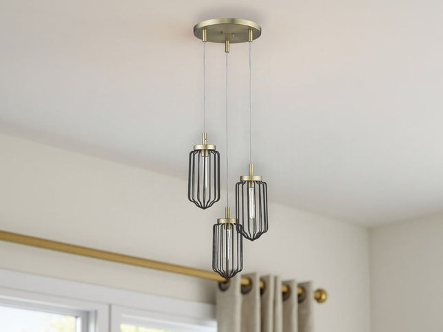Gold Caged Three Light Metal Dimmable Chandelier With Black Shades