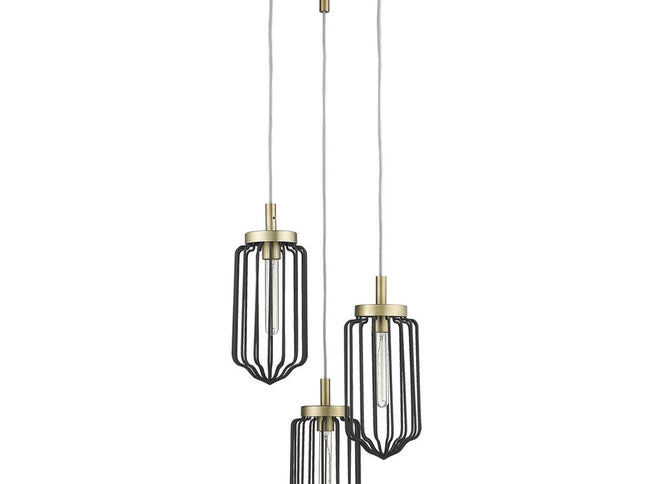 Gold Caged Three Light Metal Dimmable Chandelier With Black Shades
