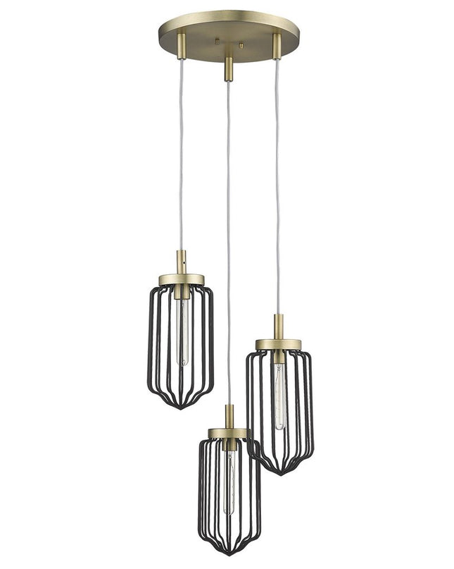 Gold Caged Three Light Metal Dimmable Chandelier With Black Shades
