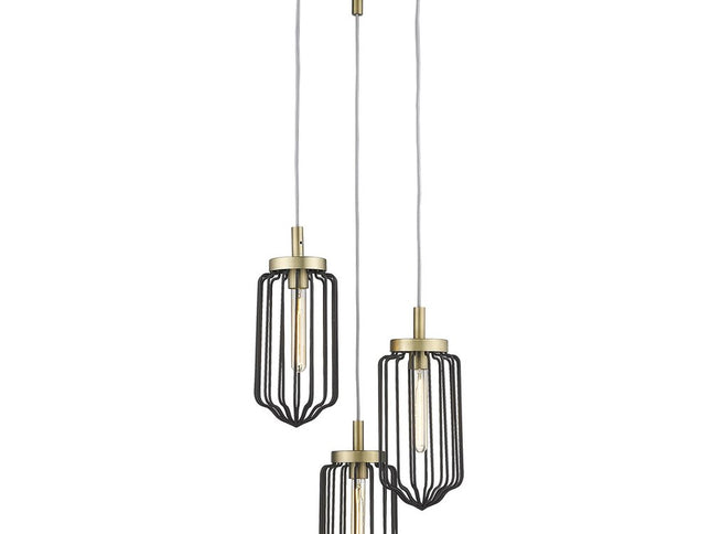 Gold Caged Three Light Metal Dimmable Chandelier With Black Shades
