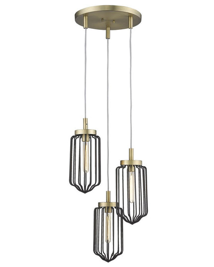 Gold Caged Three Light Metal Dimmable Chandelier With Black Shades