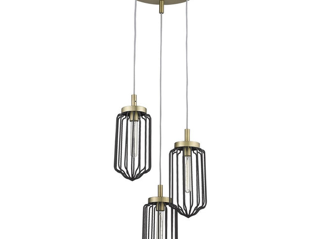 Gold Caged Three Light Metal Dimmable Chandelier With Black Shades