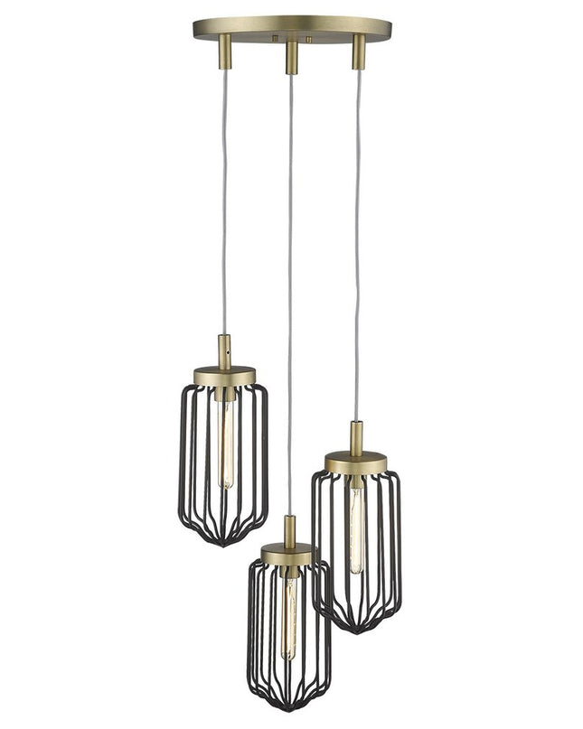 Gold Caged Three Light Metal Dimmable Chandelier With Black Shades