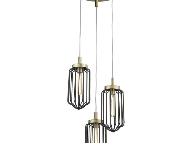 Gold Caged Three Light Metal Dimmable Chandelier With Black Shades