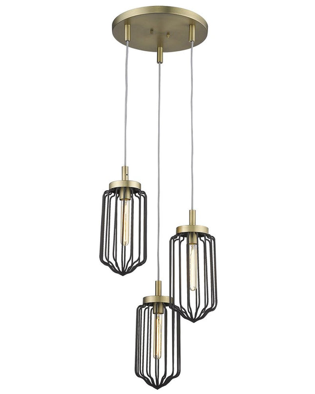 Gold Caged Three Light Metal Dimmable Chandelier With Black Shades