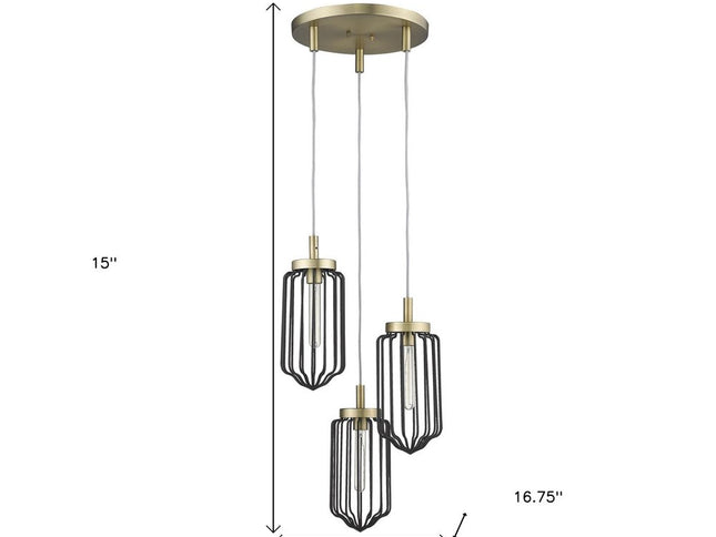 Gold Caged Three Light Metal Dimmable Chandelier With Black Shades