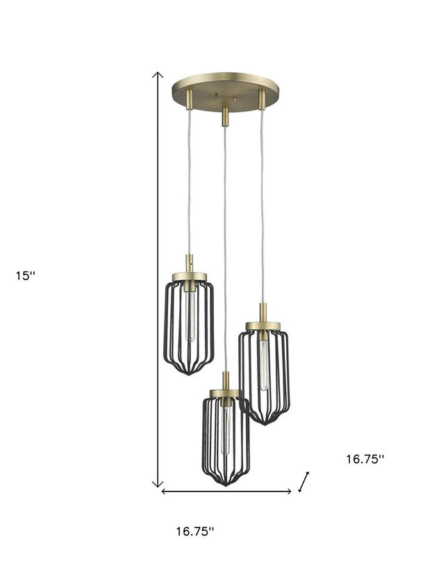 Gold Caged Three Light Metal Dimmable Chandelier With Black Shades
