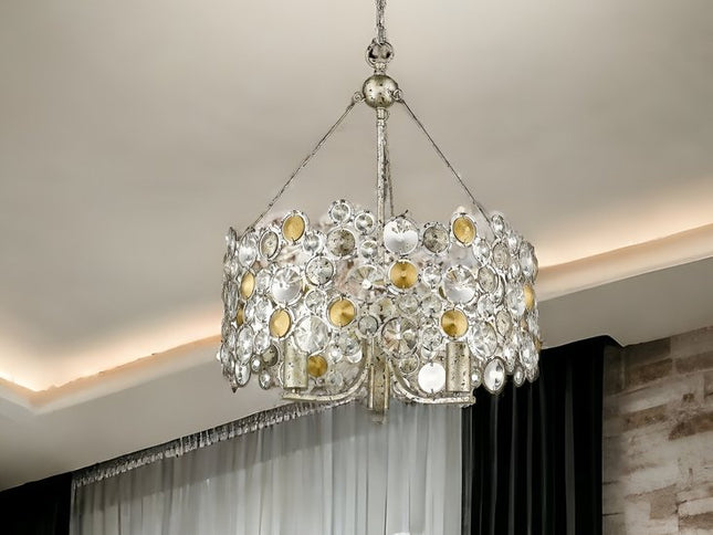 Silver Three Light Metal and Crystals Dimmable Chandelier With Silver Shades