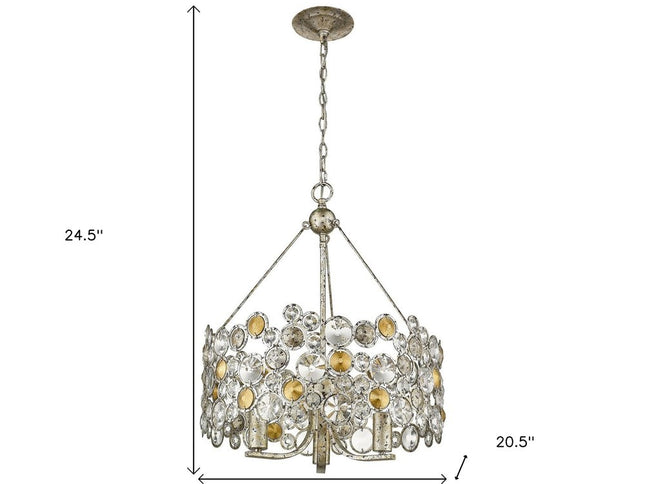 Silver Three Light Metal and Crystals Dimmable Chandelier With Silver Shades