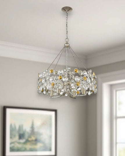 Silver Shaded Four Light Metal and Crystals Dimmable Chandelier With Silver Shades