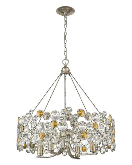 Silver Shaded Four Light Metal and Crystals Dimmable Chandelier With Silver Shades