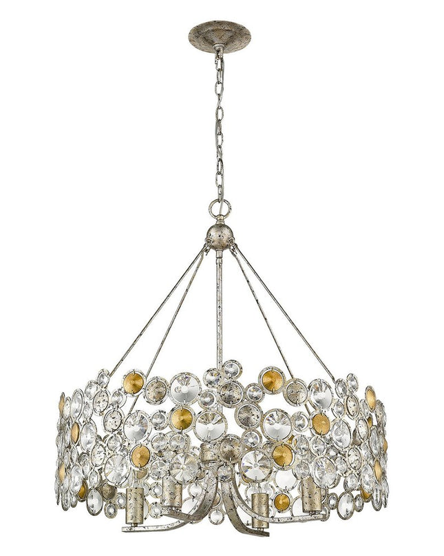 Silver Shaded Four Light Metal and Crystals Dimmable Chandelier With Silver Shades