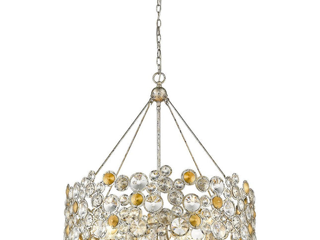 Silver Shaded Four Light Metal and Crystals Dimmable Chandelier With Silver Shades