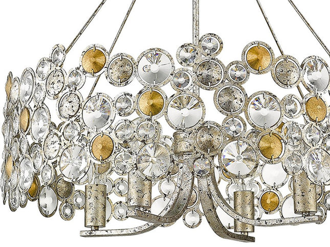 Silver Shaded Four Light Metal and Crystals Dimmable Chandelier With Silver Shades