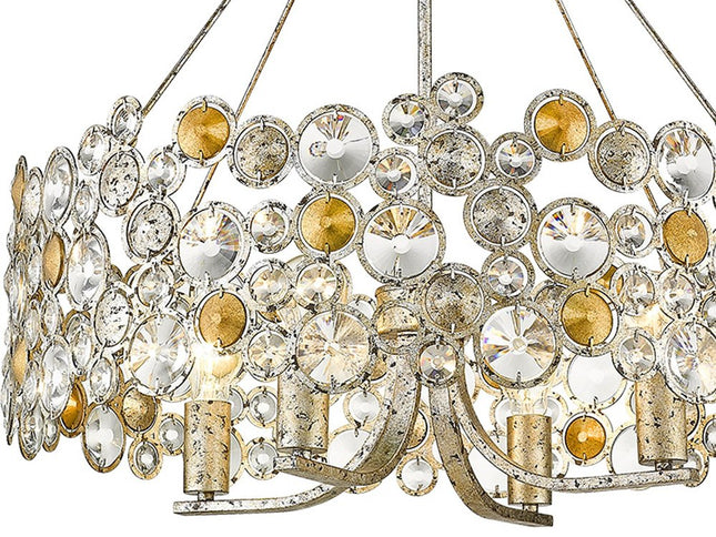 Silver Shaded Four Light Metal and Crystals Dimmable Chandelier With Silver Shades