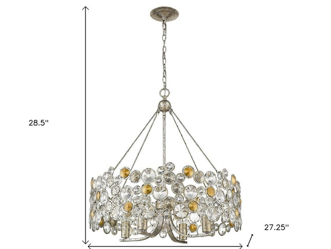 Silver Shaded Four Light Metal and Crystals Dimmable Chandelier With Silver Shades