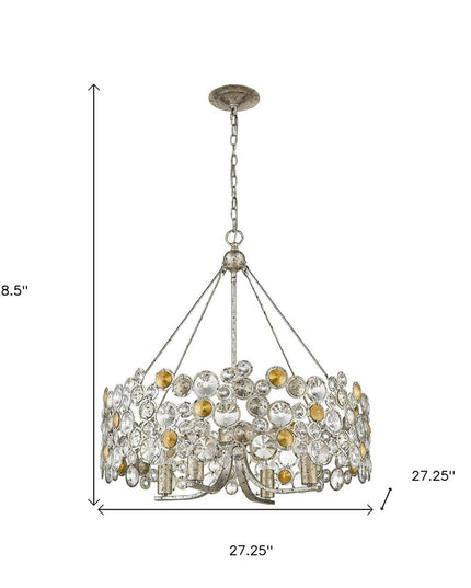 Silver Shaded Four Light Metal and Crystals Dimmable Chandelier With Silver Shades