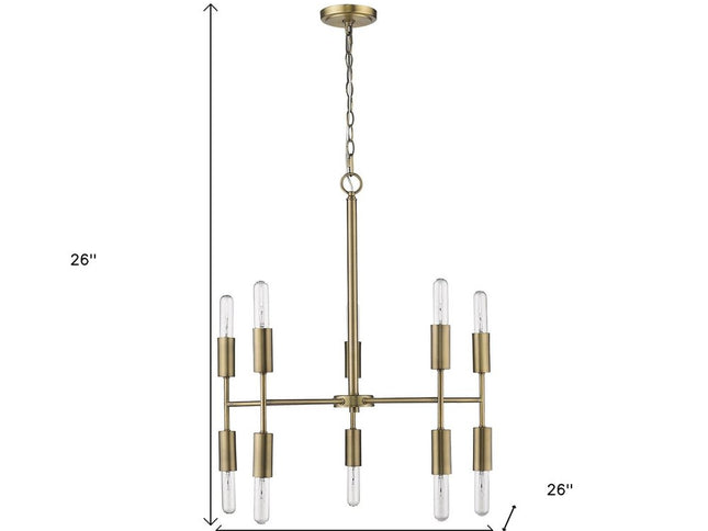 Brass Candle Style Ten Light Metal Dimmable Chandelier