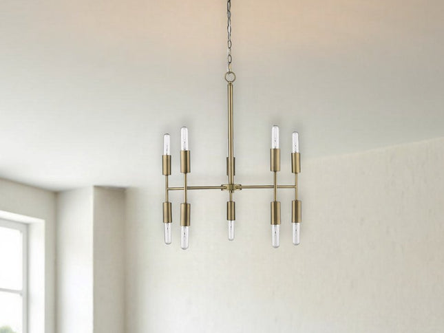 Brass Candle Style Ten Light Metal Dimmable Chandelier