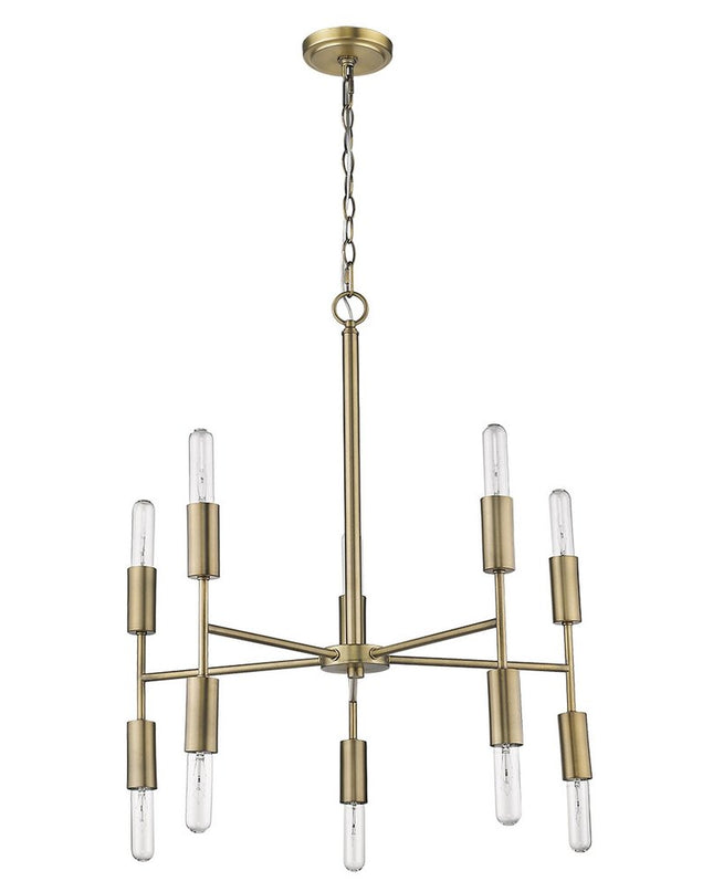 Brass Candle Style Ten Light Metal Dimmable Chandelier