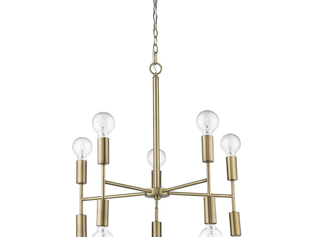 Brass Candle Style Ten Light Metal Dimmable Chandelier