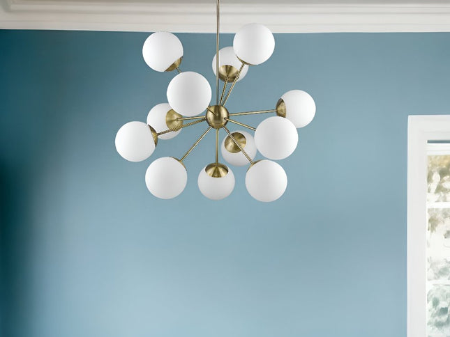 Brass Sputnik Twelve Light Frosted Metal Dimmable Chandelier With White Shades