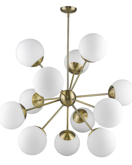 Brass Sputnik Twelve Light Frosted Metal Dimmable Chandelier With White Shades