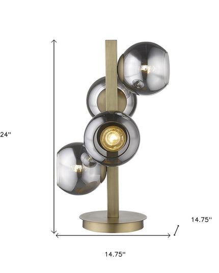 24" Brass Metal Four Light Novelty Table Lamp With Silver Metallic Globe Shades