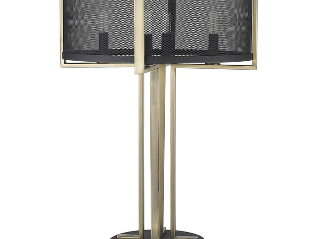 25" Brass Metal Four Light Geometric Table Lamp With Black Drum Shade