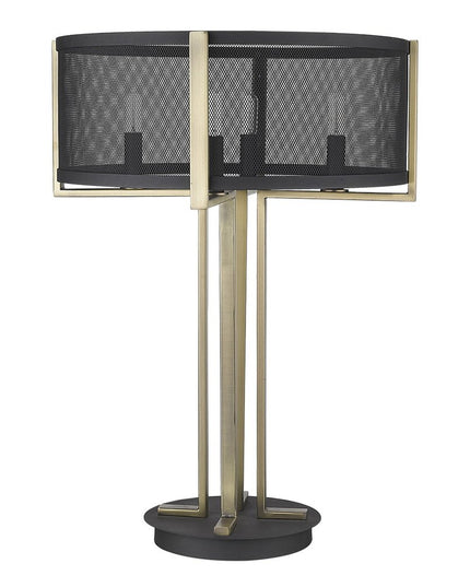 25" Brass Metal Four Light Geometric Table Lamp With Black Drum Shade