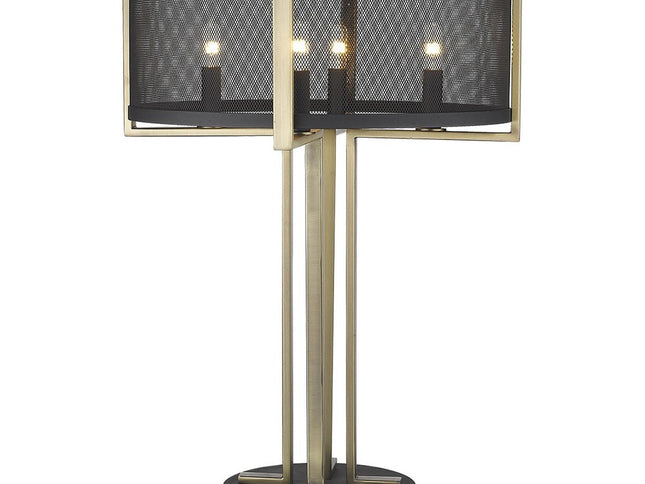 25" Brass Metal Four Light Geometric Table Lamp With Black Drum Shade