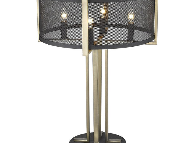 25" Brass Metal Four Light Geometric Table Lamp With Black Drum Shade