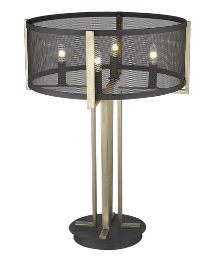 25" Brass Metal Four Light Geometric Table Lamp With Black Drum Shade