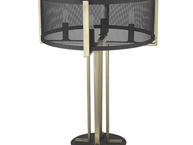 25" Brass Metal Four Light Geometric Table Lamp With Black Drum Shade