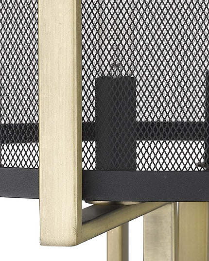 25" Brass Metal Four Light Geometric Table Lamp With Black Drum Shade