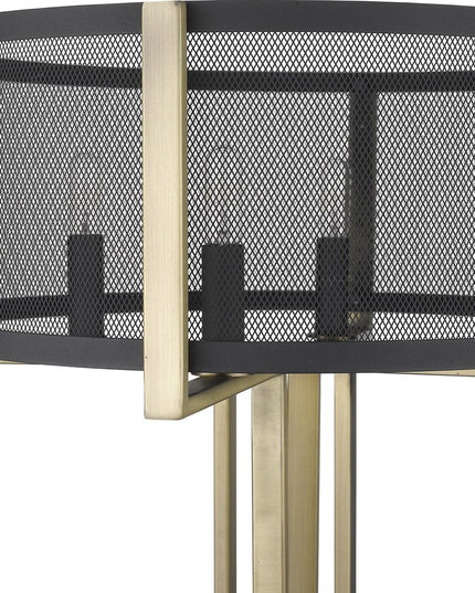 25" Brass Metal Four Light Geometric Table Lamp With Black Drum Shade