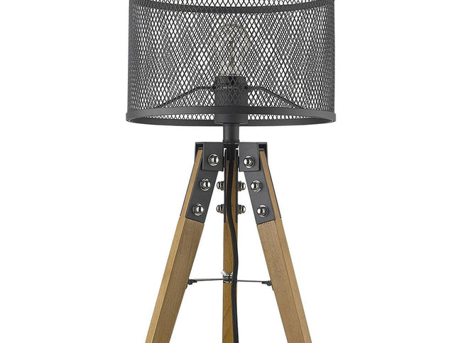 20" Brown Solid Wood Tripod Table Lamp With Black Drum Shade
