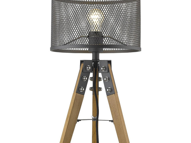 20" Brown Solid Wood Tripod Table Lamp With Black Drum Shade