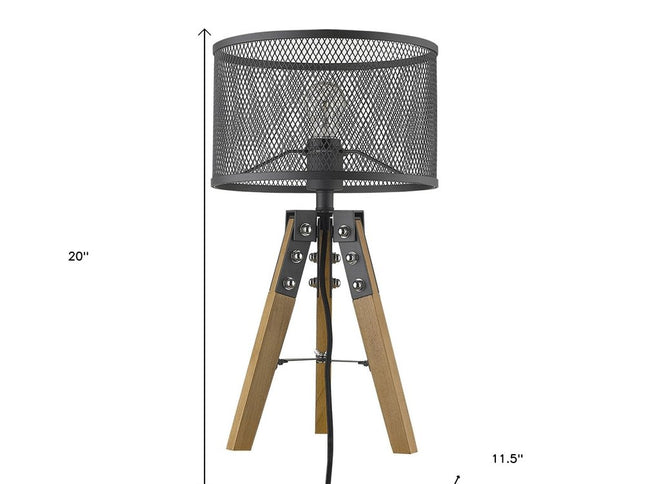 20" Brown Solid Wood Tripod Table Lamp With Black Drum Shade